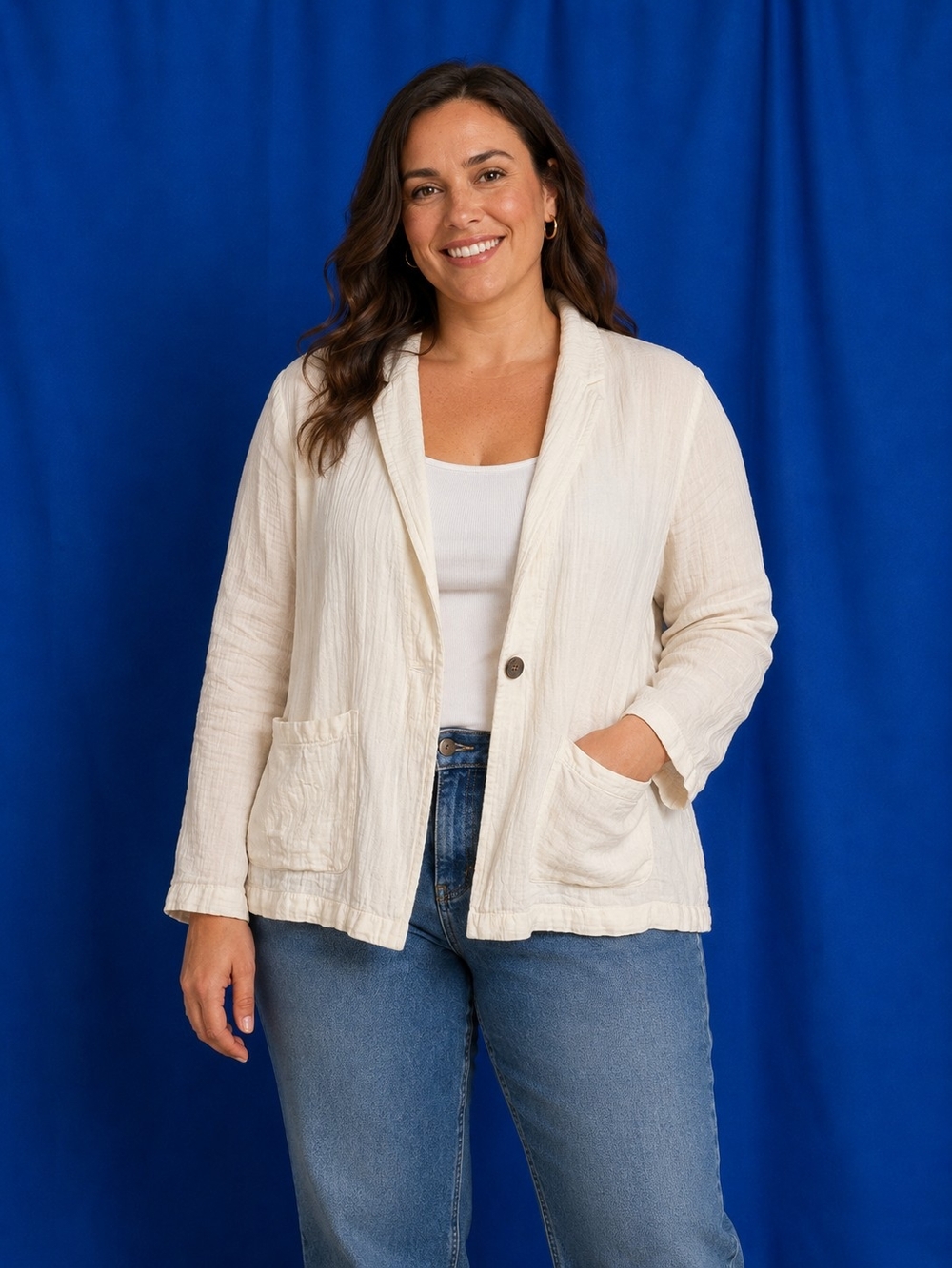 Wonderly Cream Textured Single-Button Blazer Jacket Size Large